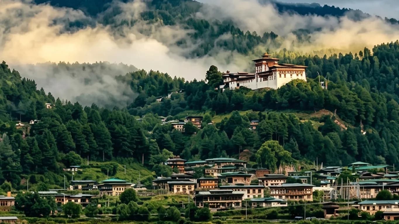 Jakar Dzong above the Bumthang valley under low cloud