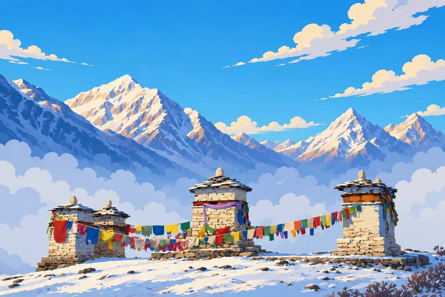 Prayer-flagged stupas before the snow peaks