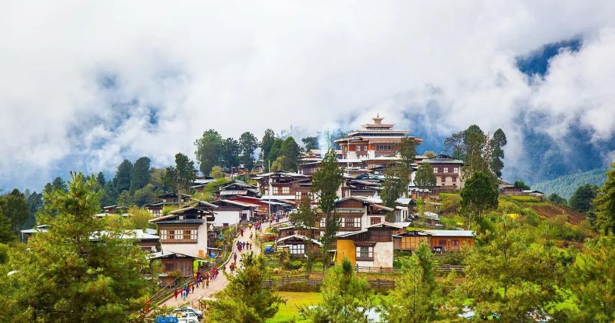 Phobjikha glacial valley with Gangtey Monastery on the ridge and the wintering cranes on the valley floor